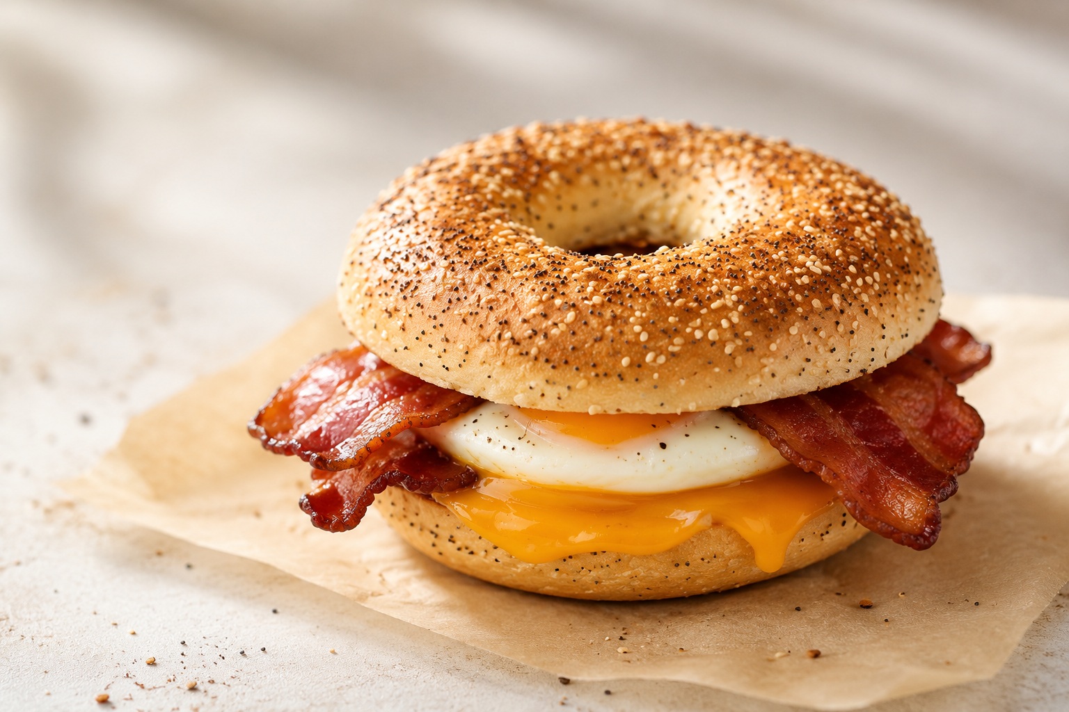 Bacon Egg Cheese bagel met bacon, ei en cheddar